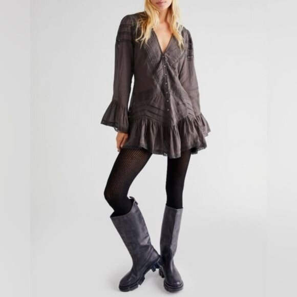 NWOT Free People Lace Tunic Mini Dress | Charcoal Whimsigoth Boho Grunge Fairy S - Picture 13 of 16